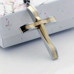 Two Tone Cross Pendant Necklace, Stainless Steel, New!